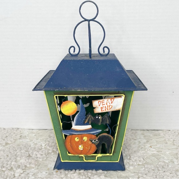 Vintage Candle Holder Halloween Pumpkin Black Cat Spooky Metal Lantern - Picture 1 of 8